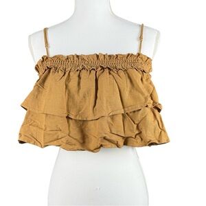 Crescent Camilla Ruffle Cami‎ Tank Top Tan Brown Square Neck Spaghetti Strap L